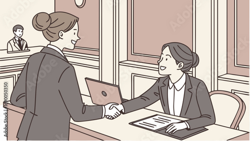 Businesswomen shaking hands agreement contract signing deal partnership office illustration professional success collaboration teamwork corporate business deal handshake agreement contract document m.