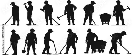Mining worker silhouettes, coal miner with tools, pickaxe, shovel, wheelbarrow, hard hat, underground industry, labor workforce, construction vector