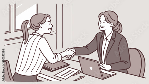 Businesswomen shaking hands agreement deal partnership success office collaboration teamwork contract laptop modern professional career job employment meeting discussion negotiation communication ill.