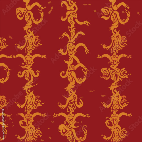 Intricate symmetrical totem pole pattern with cultural symbolism on red background, patern seamless, Stock royalty image.