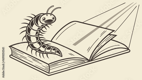 Cartoon Centipede on Open Book Illustration Childrens Book Education Reading Learning Vector Graphic.