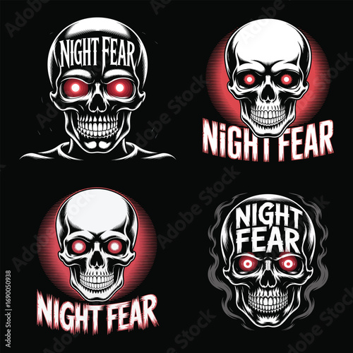 Scary skulls with glowing eyes and text skeleton horror