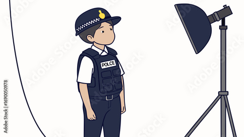 Cartoon illustration of a police officer in a photo studio setting.