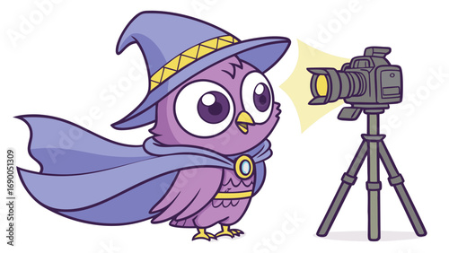 Cartoon owl character in wizard costume being photographed with DSLR camera on tripod.