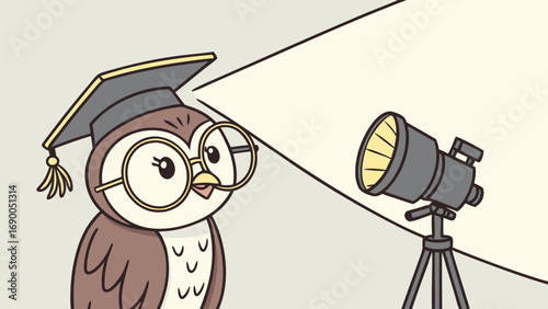 Cartoon Owl Graduate in a Photography Studio Setup Ready for Educational or Academic Designs.