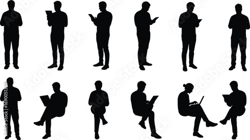 People silhouettes with laptop, tablet, smartphone, modern business technology, office work, communication, digital workplace, gadget use, professional lifestyle