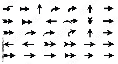 Collection of various black directional arrows on a white background.