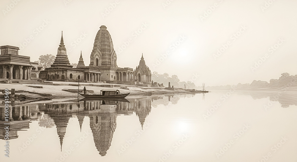 Obraz premium Ethereal reflection of ancient temples on tranquil riverbanks bathed in soft sepia light