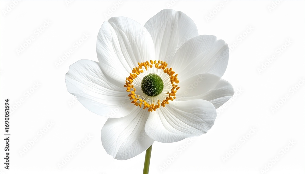 Obraz premium Elegant White Anemone Flower with Green Center and Yellow Stamens.