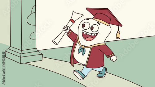 Cartoon tooth character graduating celebrating achievement diploma cap gown happy success education illustration mascot vector design element character design joyful achievement graduation ceremony s.