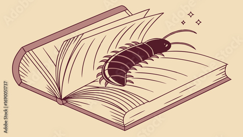 Centipede on Open Book Fantasy Illustration Magical Creature Bookworm Design.