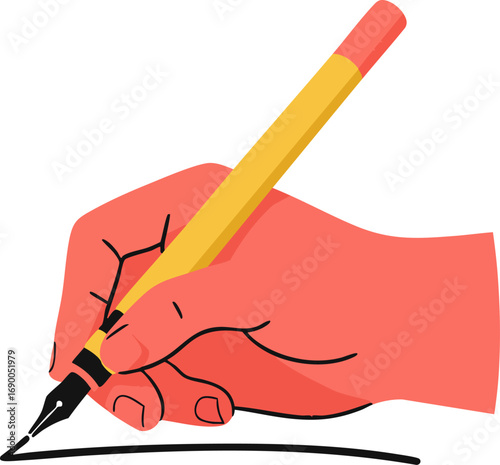 Hand holding fountain pen writing on paper line drawing illustration