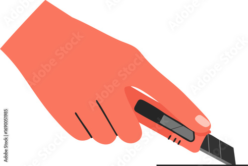 Hand holding utility knife cutting material for crafts or office work