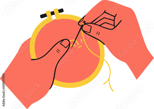 Hands Embroidering Fabric Hoop Needlework Hobby Craft Illustration