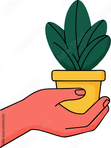 Hand holding potted plant vector icon flat design style minimal