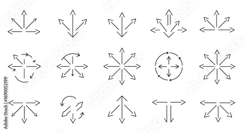 A set of thin line arrow icons illustrating various directions for concepts like expand, collapse, move, and rotate.