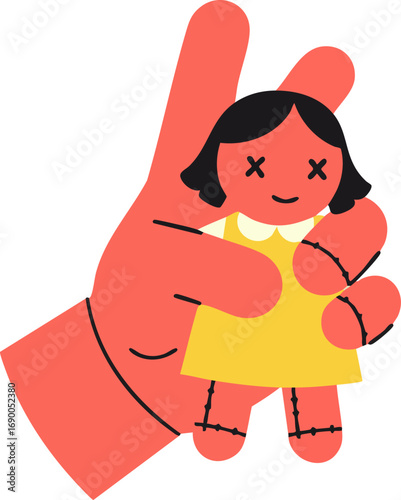 Stylized Voodoo Doll Held in Large Hand Modern Graphic Illustration