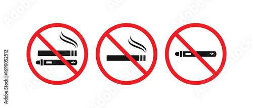 No smoking and no vaping prohibition signs. This vector set features clear, bold icons indicating restrictions for both traditional cigarettes and e-cigarettes