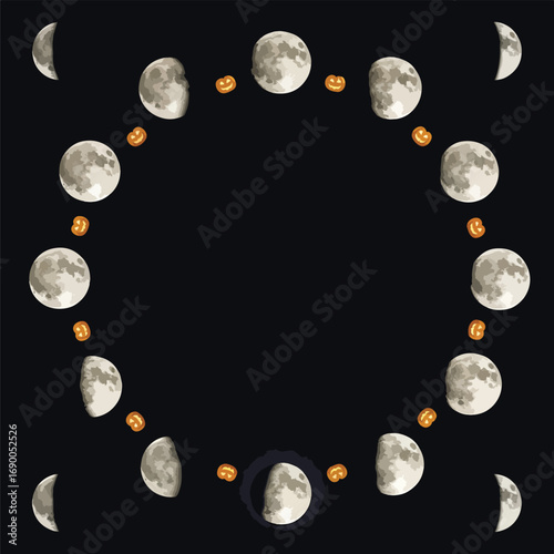 Moon phases with pumpkins in a circle on a dark background illustration, seamless pattern, Stock royalty.