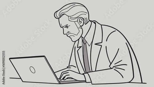 Concentrated businessman working on laptop line art illustration.