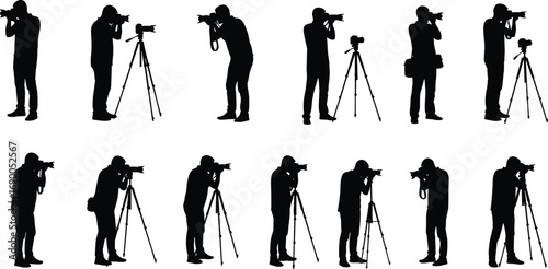 Photographer silhouettes with camera and tripod, professional photography concept, capturing images, photo shoot session, creative studio, photography lifestyle illustration