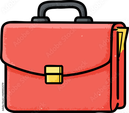 Hand Drawn Red Business Briefcase with Handle and Papers inside