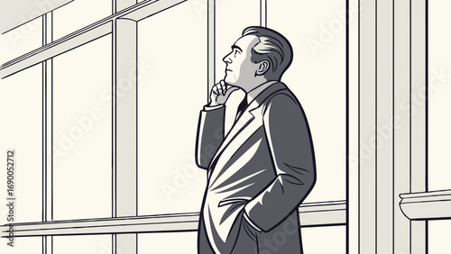 Contemplative businessman looking out a large window thoughtful pose black and white illustration business concept vector art.