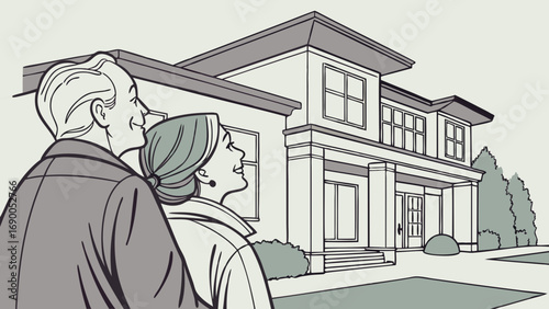 Couple admiring a modern house illustration home ownership real estate dream home family new home architecture design lifestyle happiness couple portrait vector art home exterior residential building.