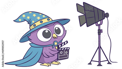 Cute Owl Film Director Cartoon Illustration Movie Production Wizard Hat Clapperboard Studio Light.