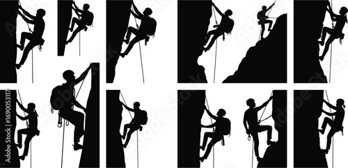 Rock climbing silhouettes, adventure sport, mountain climbing, extreme outdoor activity, mountaineer with rope, cliff challenge, fitness strength, hiking adventure, climbing success