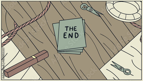 Flat lay illustration of wooden table with craft supplies and The End text on papers.