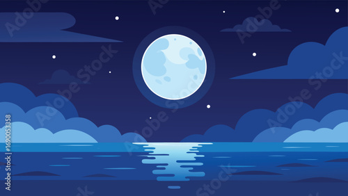 Full Moon Night Over Calm Ocean Waters With Clouds And Starry Sky View