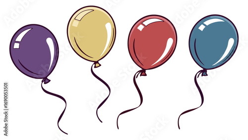 Four Colorful Balloons with Strings Floating Celebration Party Decoration Festive Clipart.