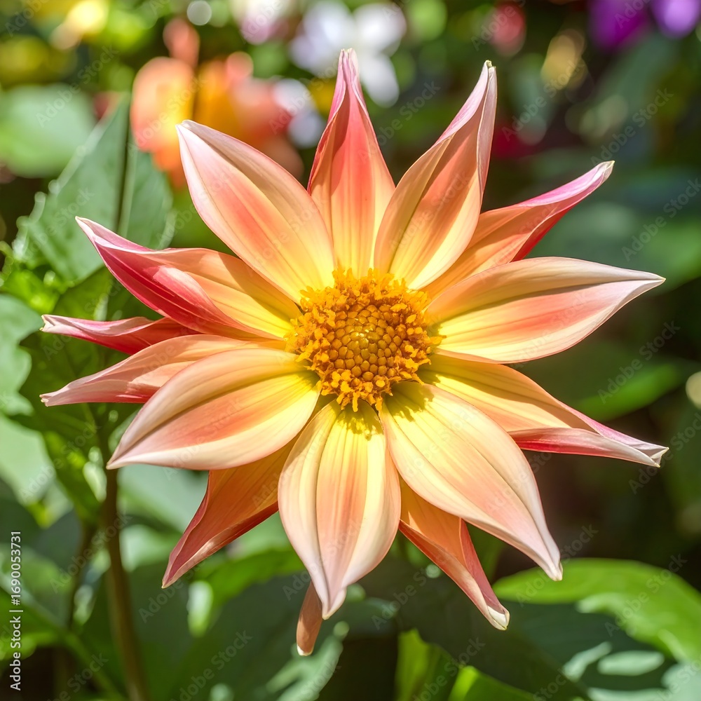 Obraz premium A stunning dahlia with sunset-colored petals of peach, yellow, and pink, showcasing a vibrant yellow center against a soft-focus green background.
