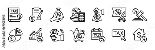 Tax icon set. Contains taxation, form, payment, document, refund, deduction, invoice, accounting, calculator, finance, wealth bill, law, property, calendar deadline, rate increase. Vector illustration