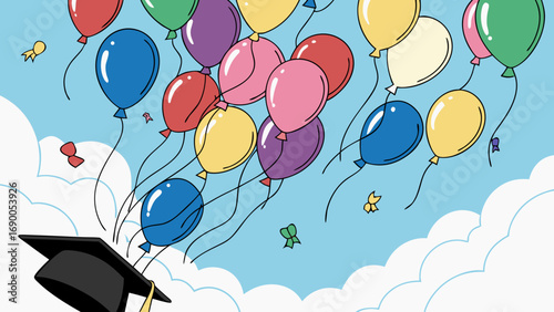 Graduation Cap and Colorful Balloons Ascending into a Sky with Clouds - Celebration Achievement Success Illustration.