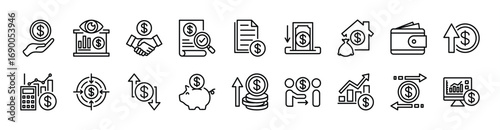 Finance business thin line icon set. Money, bank, payment, savings, currency, profit growth, accounting, increase, monitoring, deposit, agreements, billfold, target, document - vector illustration