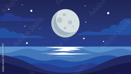 Full Moon Over Calm Ocean Waters Under Starry Sky With Subtle Clouds