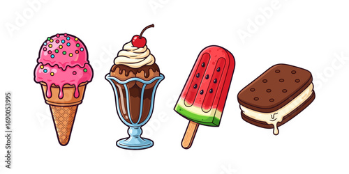Four cartoon frozen dessert illustrations set out