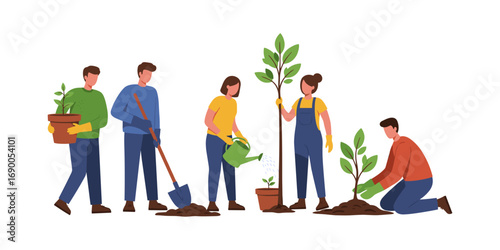 Group planting trees and caring for environment