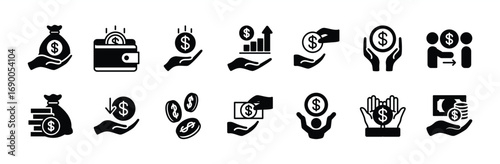 Finance icon vector set. Contains money, earnings, financial profit, budget, coin, revenue, payment, savings, loan fund, billfold, wages, salary, creditor, wallet. Illustration