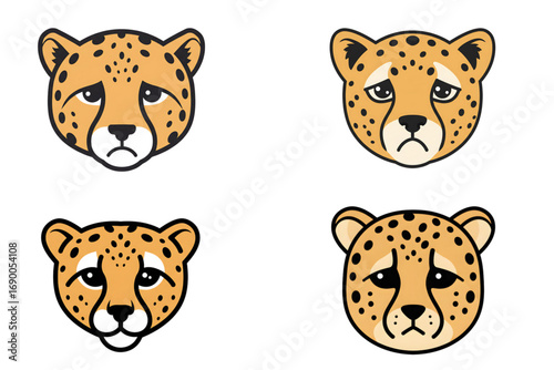 Set of cartoon cheetah faces illustration with sad expressions isolated on white background for mascot, wildlife, jungle, and animal character design