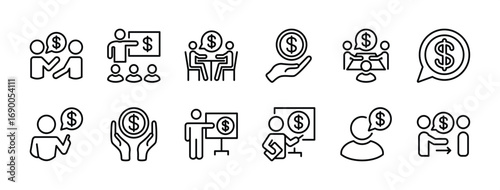 Financial advisor thin line icon set. Contains finance or financial conversation, communication, meeting, guide, guidance, discussion, leader, and help, loan fund. Vector illustration