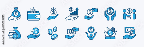 Set of finance icon. Contains money, earnings, financial profit, savings, budget, coin, revenue, payment, loan fund, billfold, wages, salary, creditor, wallet. Vector illustration