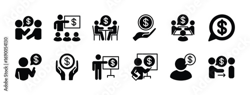 Financial advisor icon vector set. Contains finance or financial conversation, communication, guide, meeting, guidance, discussion, leader, and help, loan fund. Illustration