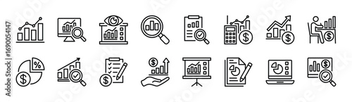 Data analytics thin line icon set. Financial database, statistics, monitoring, research, income chart, profit graph, presentation, review results document, checklist, information - vector illustration
