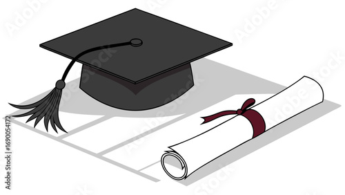 Graduation cap and diploma academic achievement education success degree ceremony commencement illustration flat lay isometric view university college school knowledge learning wisdom graduation day .