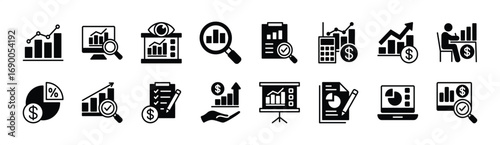 Data analytics icon set. Contains financial database, income chart, statistics, monitoring, research, profit graph, presentation, review results documents, checklist, information. Vector illustration