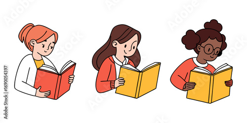 Diverse young women reading books with curiosity