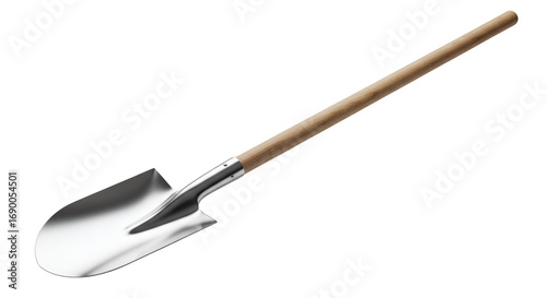 Shining Shovel: A polished, gleaming shovel with a wooden handle is presented in a clean, well-lit environment, ready for a day's work in the garden or construction site.